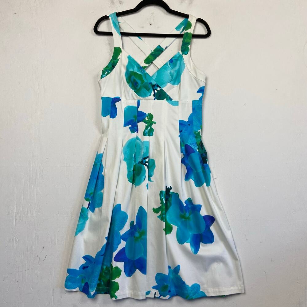 Calvin Klein White Blue Cotton Stretch Fit Flare Sleeveless Dress Size 10